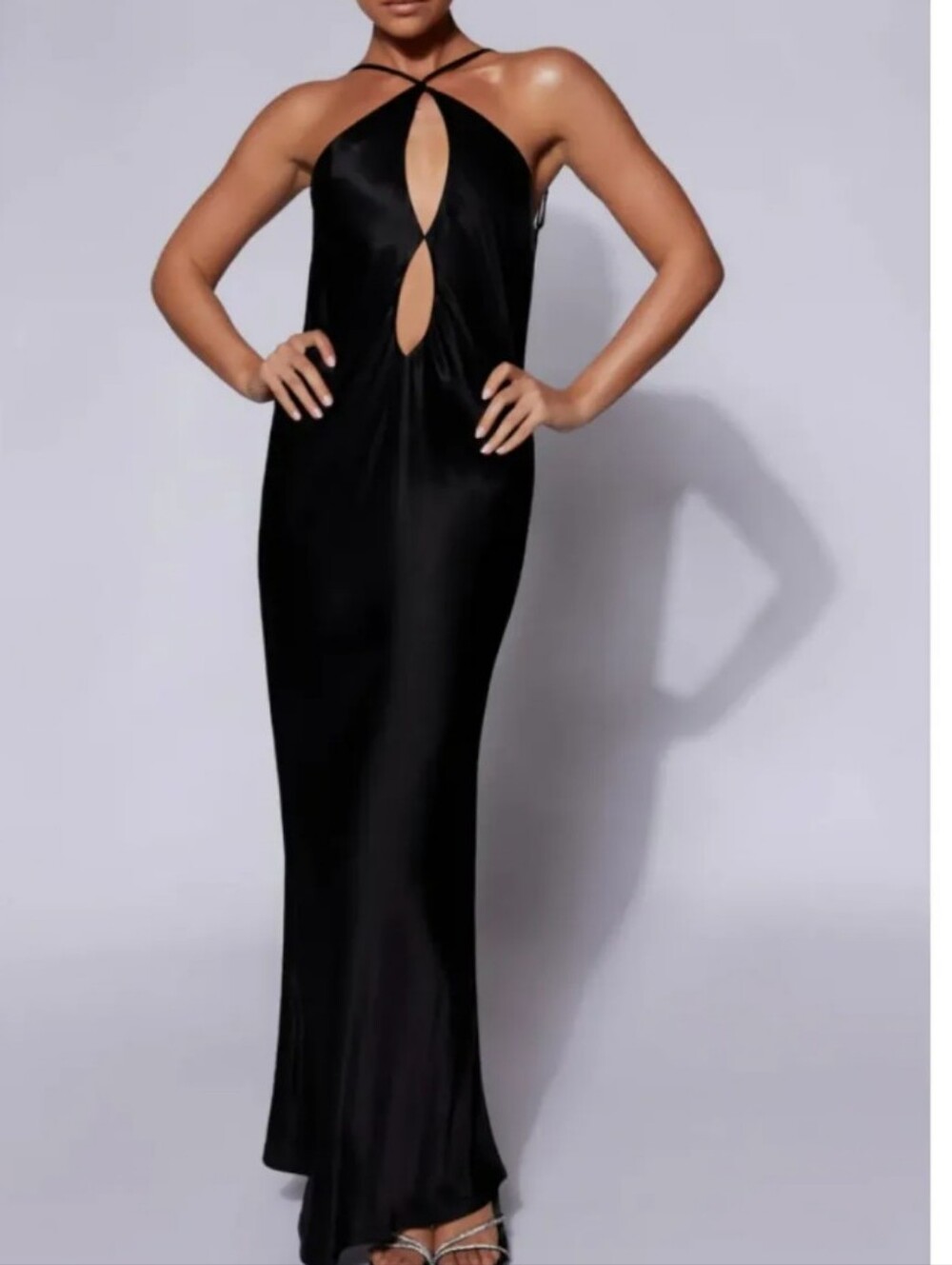 Meshki Lucis Satin Black Strappy Halter Maxi Dress - Women
